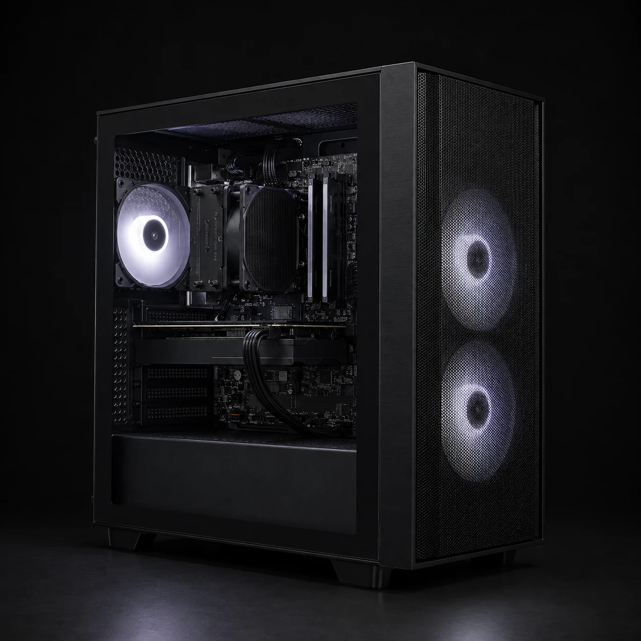 Photorealistic compact black gaming PC with white lighting