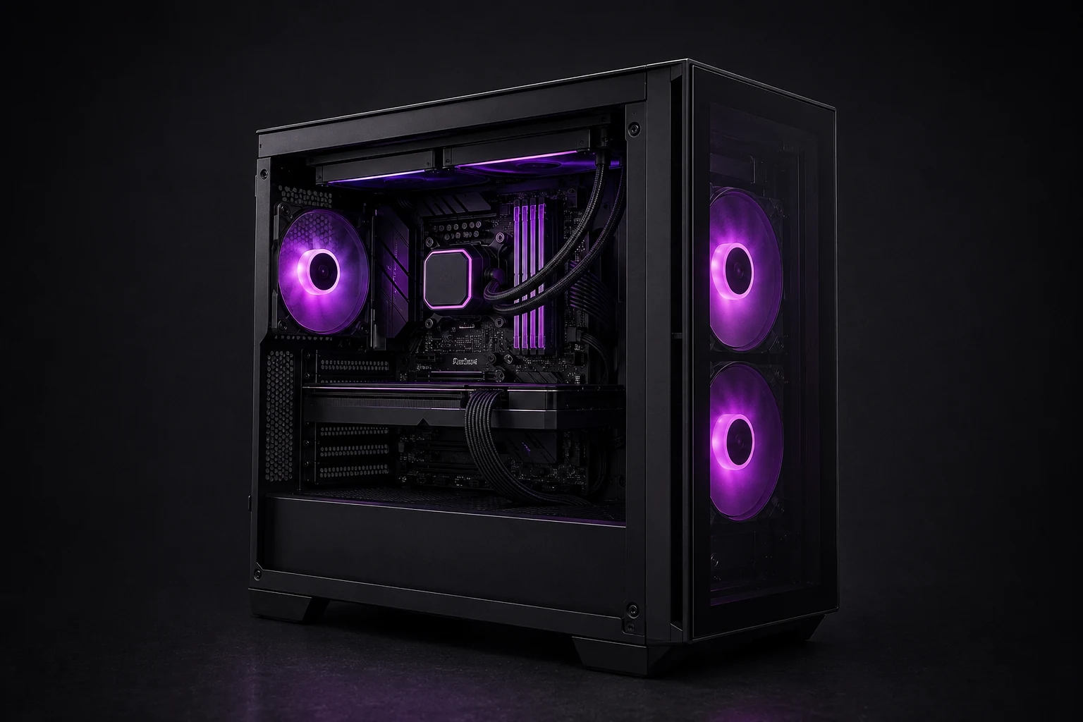 Photorealistic high-end black gaming PC with purple lighting