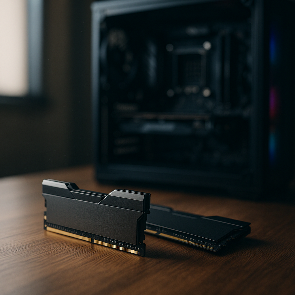 2 RAM Sticks standing on a desk with a Gaming PC in the background that has no RAM Sticks.