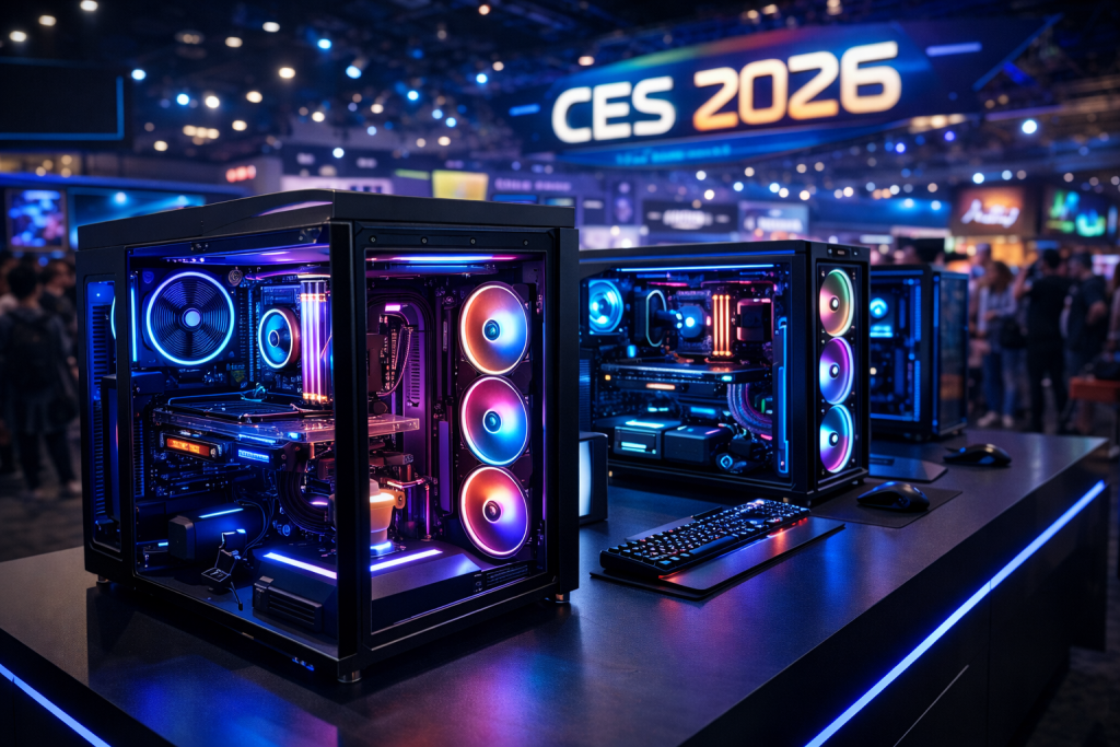 High-end custom gaming PC setup at CES 2026, RGB lighting, glass side panel, powerful components visible, futuristic booth design, clean and professional aesthetic, ultra-detailed product photography