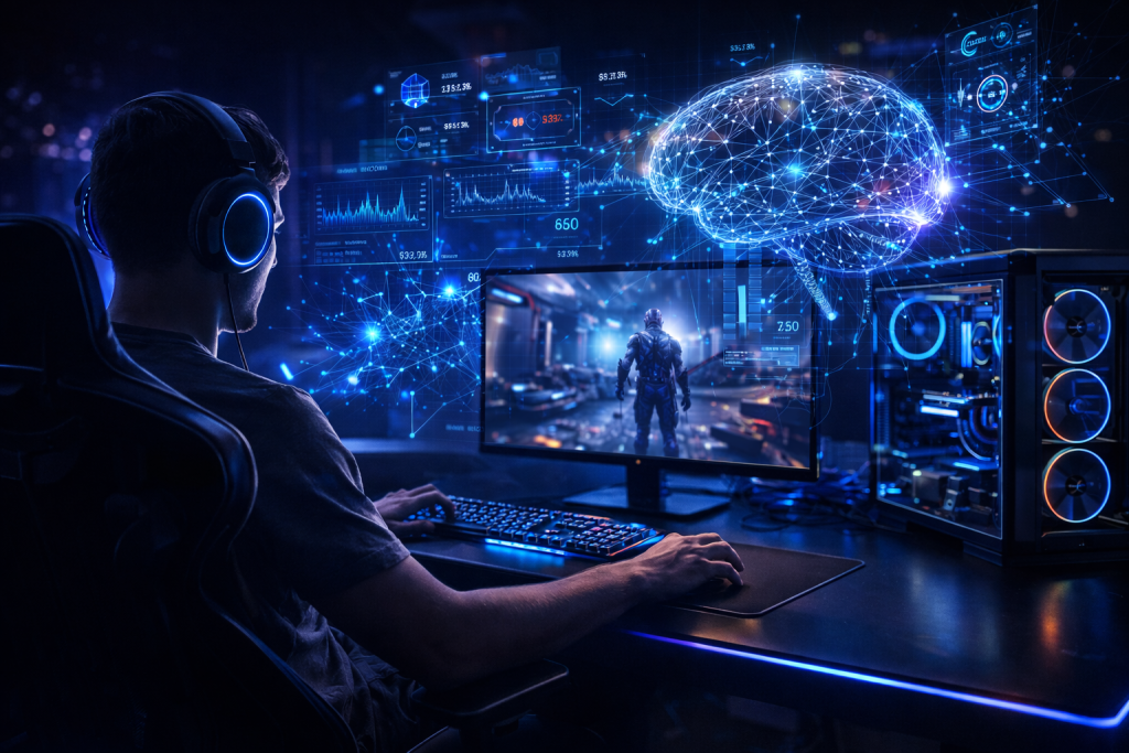 AI-powered gaming concept, gamer sitting at high-end PC while holographic AI elements interact with the screen, neural network visuals, futuristic cyber aesthetic, cinematic lighting, realistic style