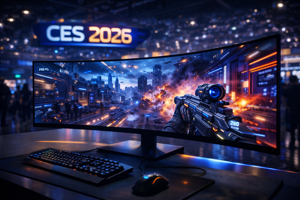 Ultra-wide gaming monitor at CES 2026 displaying a futuristic video game, vibrant colors, ultra-high refresh rate visuals, dark expo environment, glowing reflections, professional photography